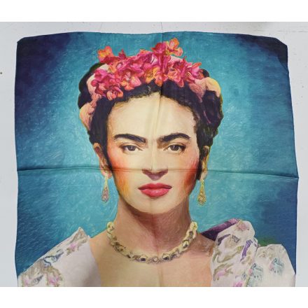 70x70 cm-es türkiz festményes selyem sál, kendő - Frida Kahlo - ÚJ