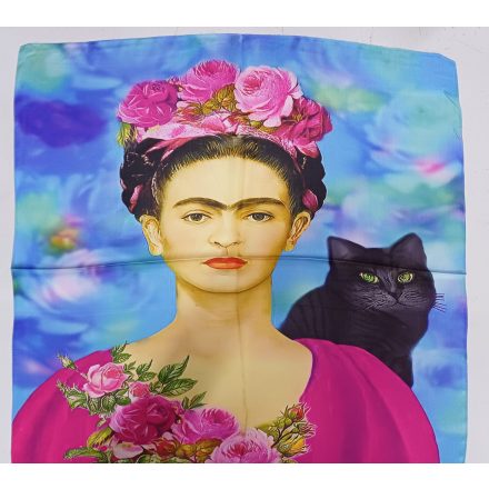 70x70 cm-es kék cicás festményes selyem sál, kendő - Frida Kahlo - ÚJ