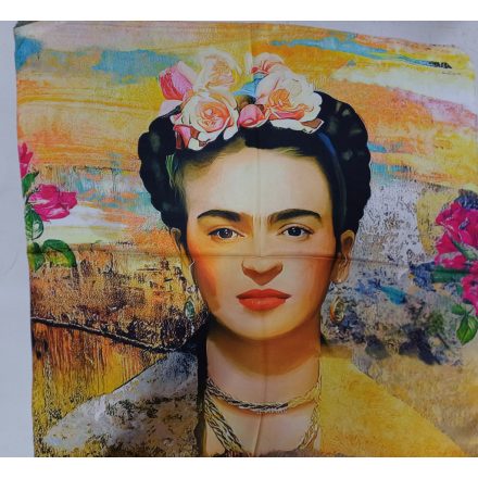 70x70 cm-es mustárszínű festményes selyem sál, kendő - Frida Kahlo - ÚJ