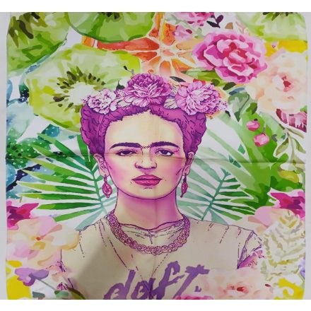 70x70 cm-es narancssárga-zöld festményes selyem sál, kendő - Frida Kahlo - ÚJ