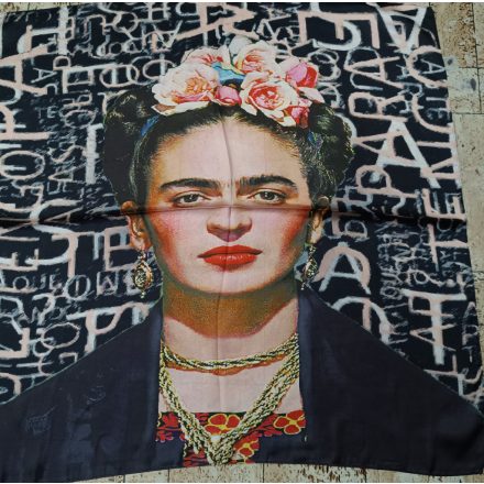 70x70 cm-es festményes selyem sál, kendő, fekete - Frida Kahlo - ÚJ