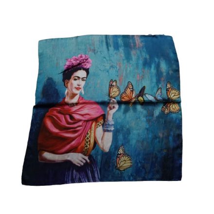 70x70 cm-es festményes selyem sál, kendő, kék lepkés - Frida Kahlo - ÚJ