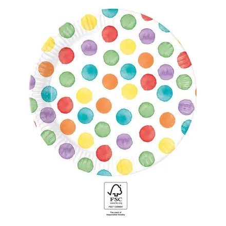 Színes Dots papírtányér 8 db-os 23 cm FSC - ÚJ