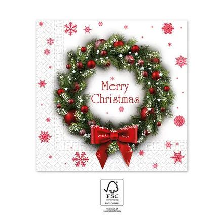 Karácsonyi Merry Xmas Wreath szalvéta 20 db-os 33x33 cm FSC - ÚJ