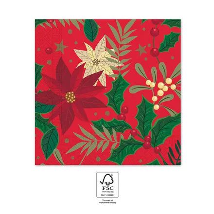 Karácsonyi Holly Poinsettia szalvéta 20 db-os 33x33 cm FSC - ÚJ