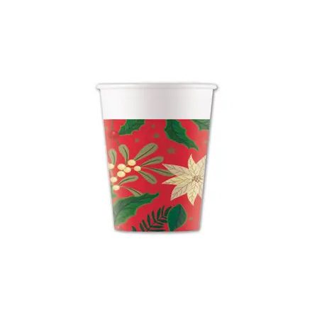 Karácsonyi Holly Poinsettia papír pohár 8 db-os 200 ml FSC - ÚJ