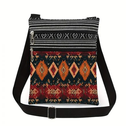 Női etnikai mintás hímzett hatású crossbody táska, kis vászon válltáska 20x25 cm - ÚJ 