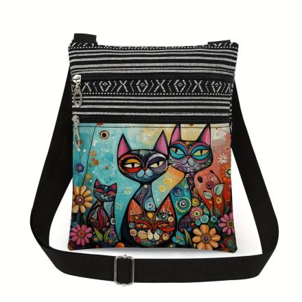 Női cicás crossbody táska, kis vászon válltáska 20x25 cm - ÚJ 